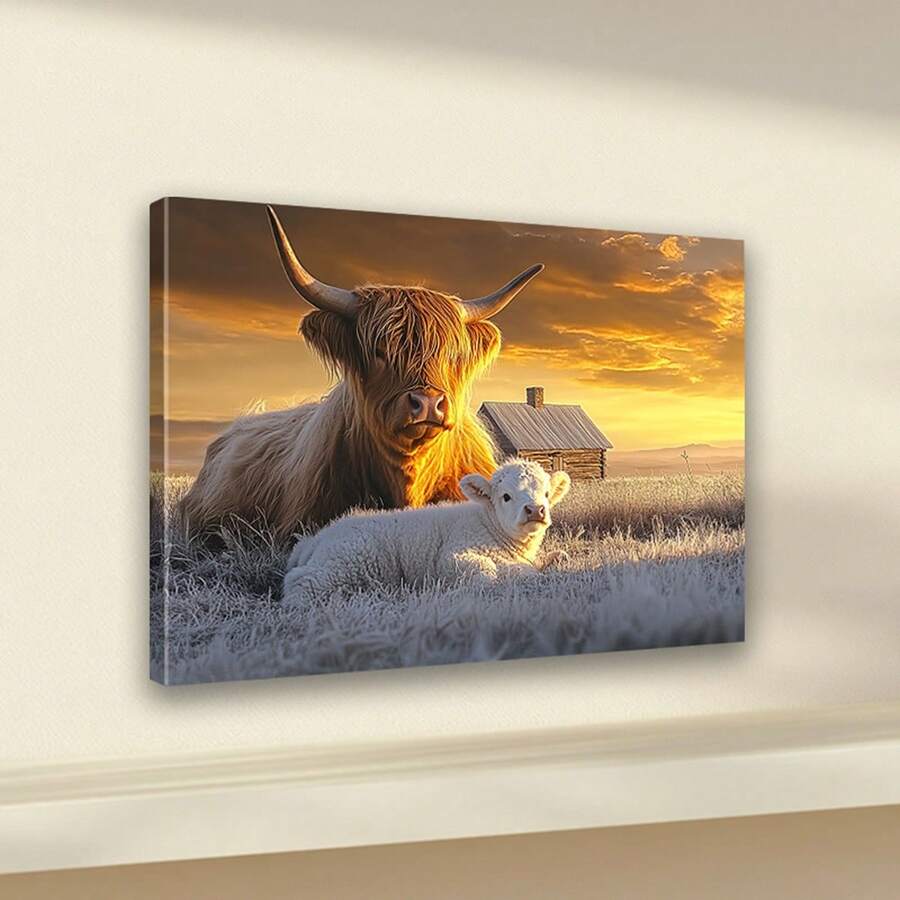 Highland cow canvas art with calf in frosty sunset field