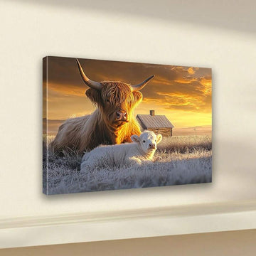 Highland cow canvas art with calf in frosty sunset field