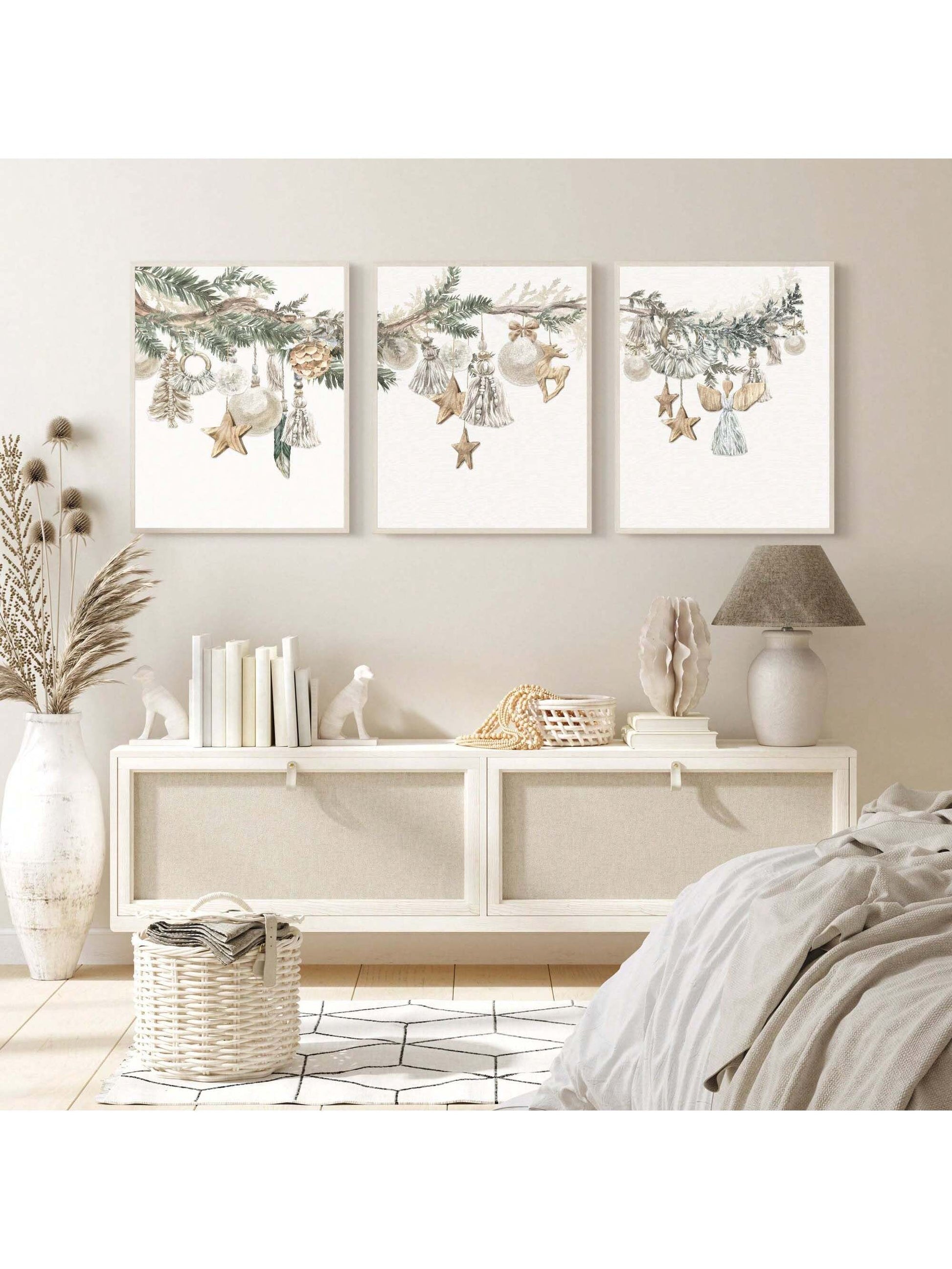 Add a festive touch to your home with our Rustic Nordic Christmas Canvas Prints. This set of 3 vintage holiday wall art pieces will elevate your holiday decor. Made with high-quality canvas, these prints are designed to bring warmth and coziness to any room. Transform your space into a winter wonderland with these charming prints.