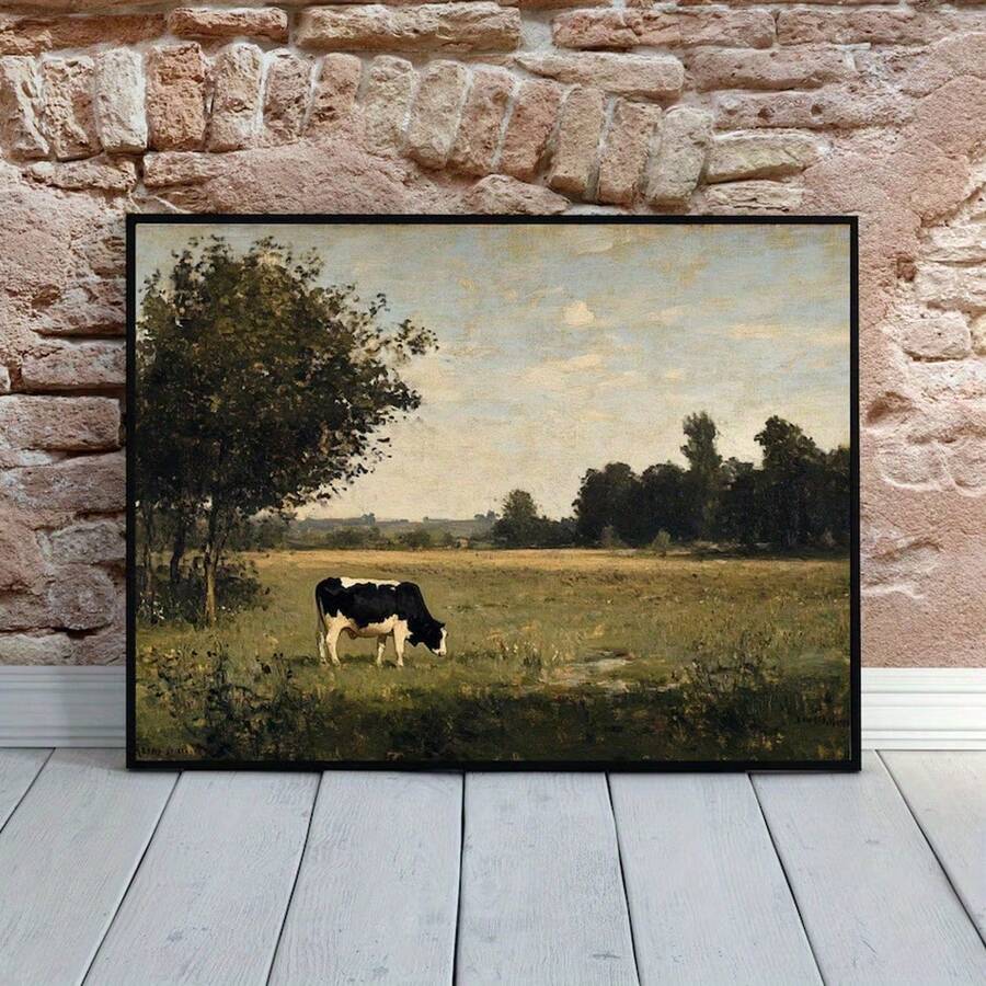 Cow pasture wall art with black and white cow in green field