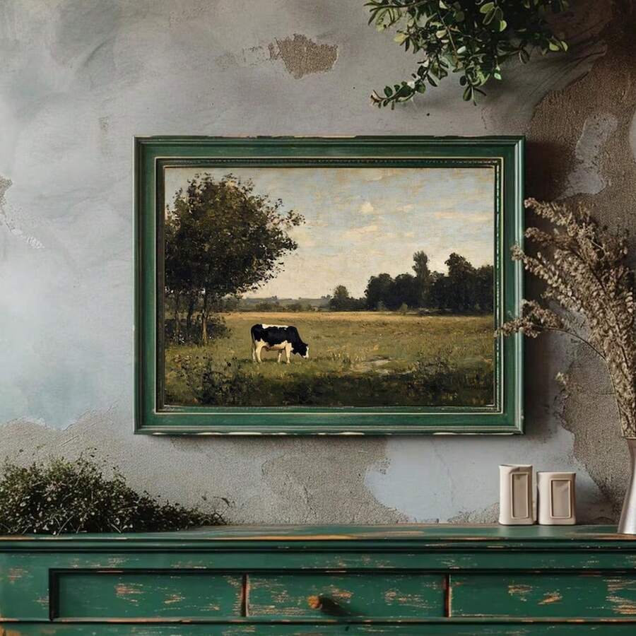 Cow pasture wall art with black and white cow in green field