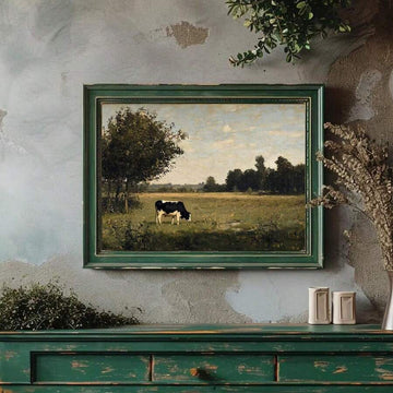 Cow pasture wall art with black and white cow in green field
