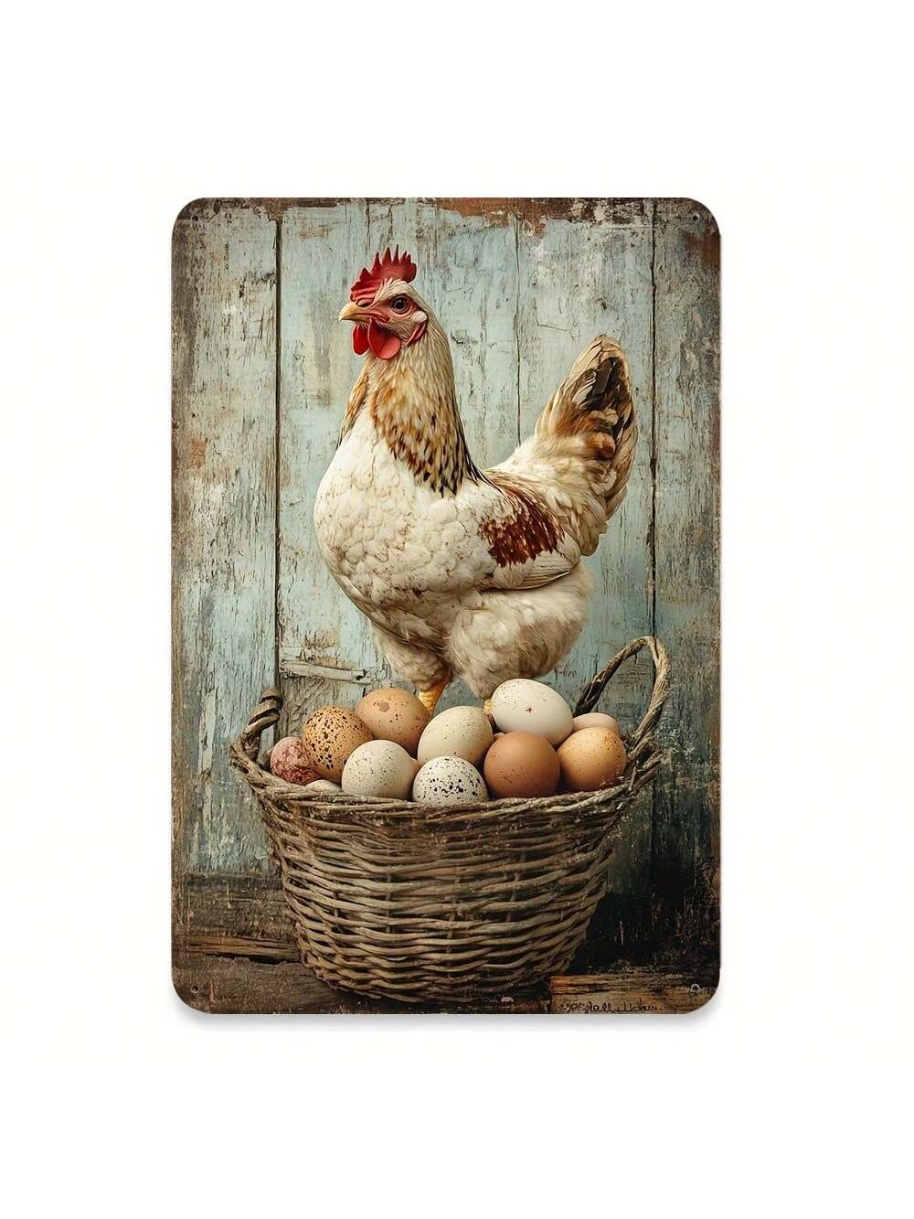 Elevate your farmhouse décor with this charming rustic metal sign featuring a vintage design of chicken and eggs. Perfect for adding character to your kitchen, porch, or café. Add some farmhouse flair with this delightful wall décor piece.