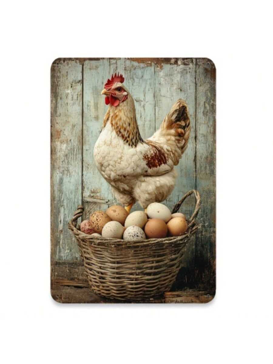 Add a charming touch to your kitchen, cafe, or man cave with this rustic and vintage tin sign. Featuring a playful design of a chicken and eggs, this metal wall decor is the perfect addition to any farmhouse aesthetic. Bring some character to your space with this charming piece!