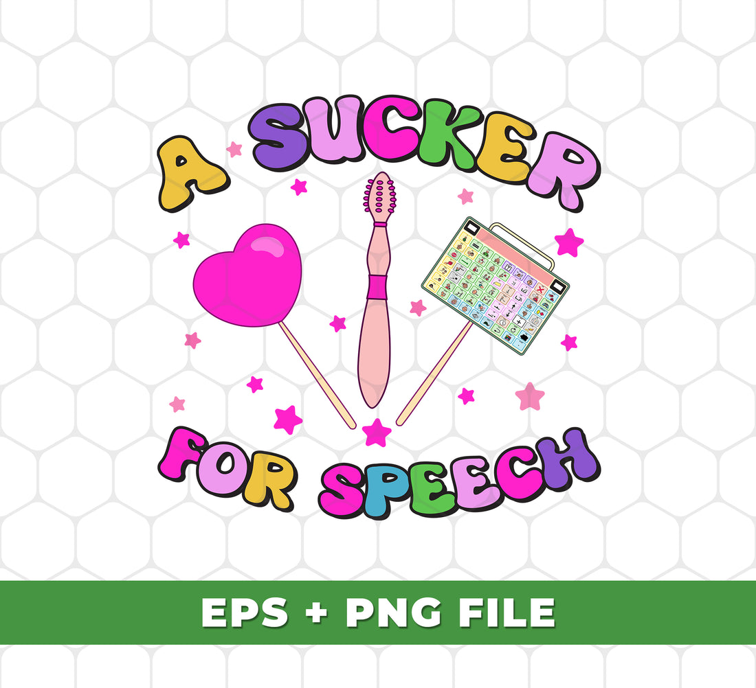 A Sucker For Speech offers a happy and effective speech therapy program through digital files in png sublimation. Improve your communication skills with expert guidance in a professional and objective tone. Perfect for all ages.
