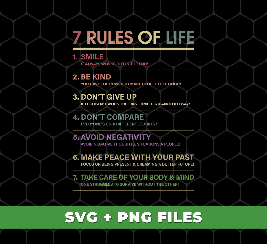 Learn the 7 rules of life and never give up with "Love Your Rules." These digital files in PNG format are perfect for sublimation, keeping you motivated and on track. With expert advice and a professional tone, reach your full potential and love your life.