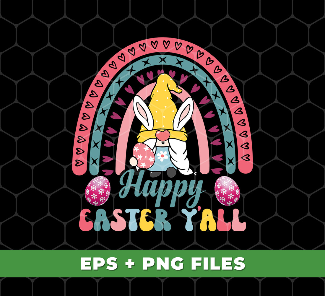 Celebrate Easter with these charming designs! The Happy Easter Y'All, Easter Day, and Easter Rainbow prints will bring joy to your decorations. The Easter Gnome adds a touch of whimsy, and the digital files make it easy to use them for any project. PNG sublimation ensures high-quality images every time.