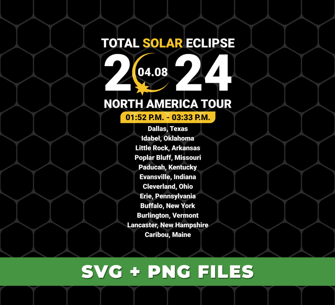 Witness the Total Solar Eclipse of 2024 on a North America Tour, featuring the breathtaking Eclipse in April 2024. Get access to digital files and Png Sublimation for an immersive viewing experience. Don't miss out on this once-in-a-lifetime opportunity. Only a limited number of spots available.