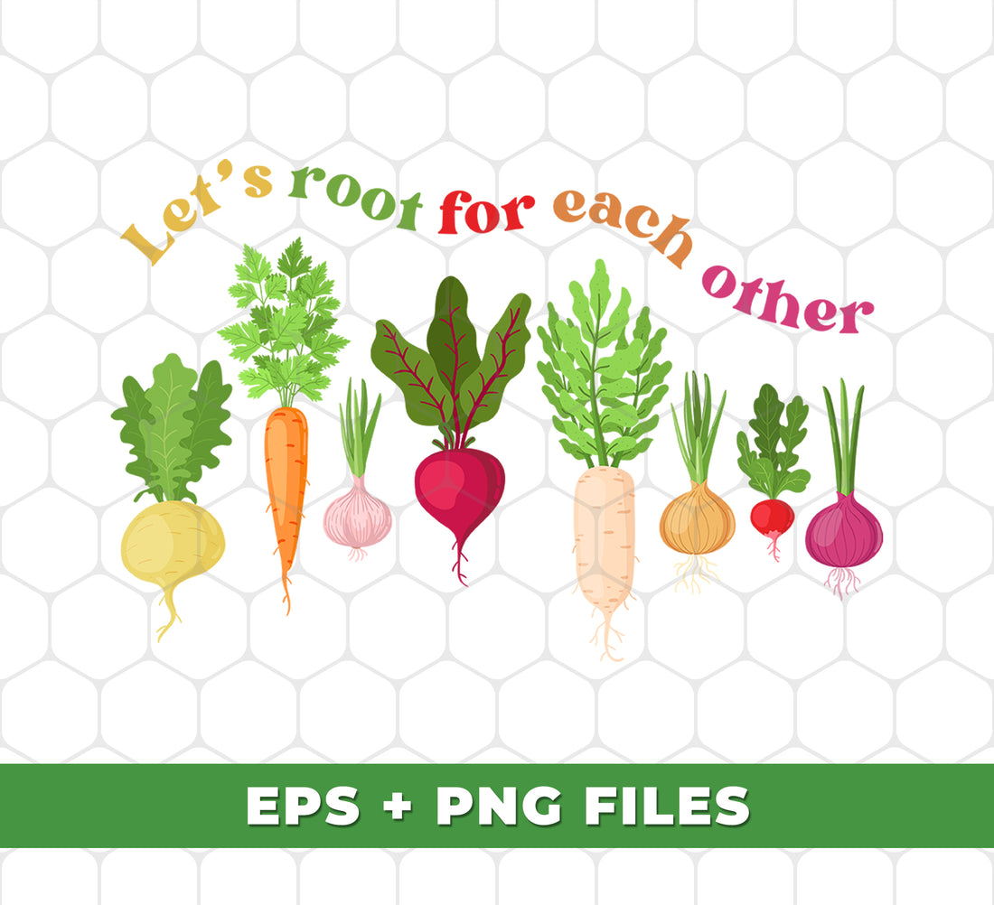 Support your fellow vegetable enthusiasts with Let's Root For Each Other, a set of digital files featuring gardening vegetables. Perfect for veggie lovers, this png sublimation pack promotes community and growth. Join the movement and cultivate your passion today!
