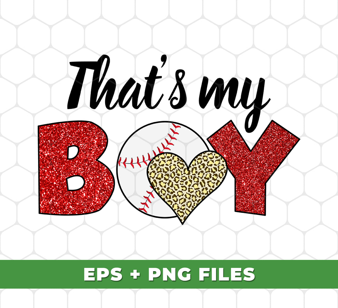 Show your love for baseball with our "That's My Boy" design featuring a red glitter heart and leopard print lettering. Perfect for digital files and png sublimation, this design will add a unique touch to any project. Get yours today!