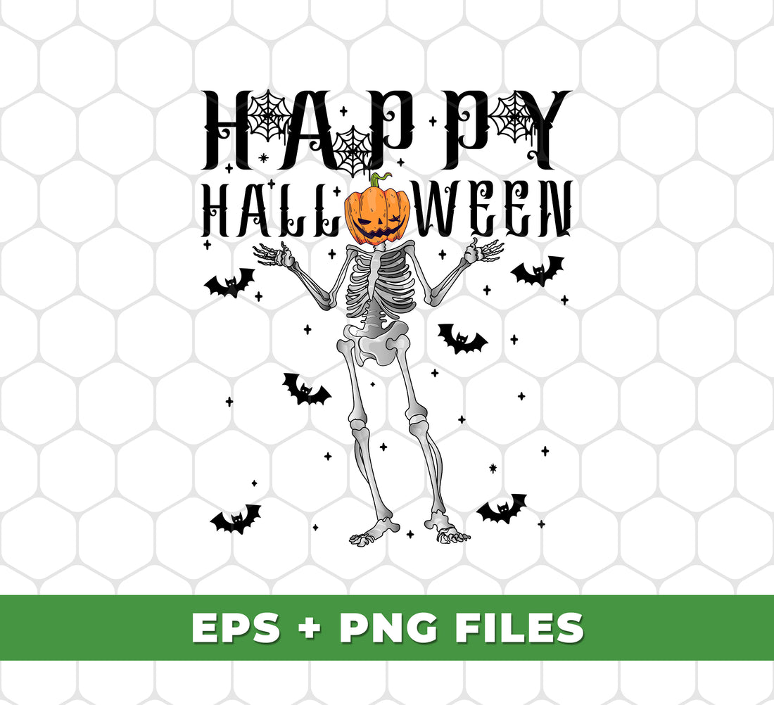 Happy Halloween, Funny Skeleton, Pumpkin Head, Black Bats, Digital Files, Png Sublimation