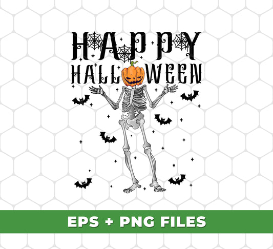 Happy Halloween, Funny Skeleton, Pumpkin Head, Black Bats, Digital Files, Png Sublimation