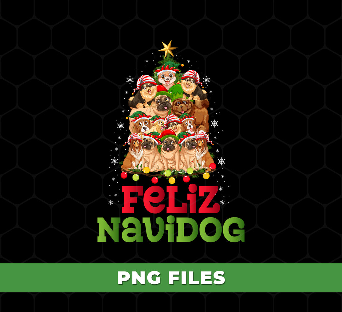Feliz Navidog Funny Christmas Tree Made Of Cute Dogs In Santa Hats, Perfect Holiday Pet Design For Dog Lovers