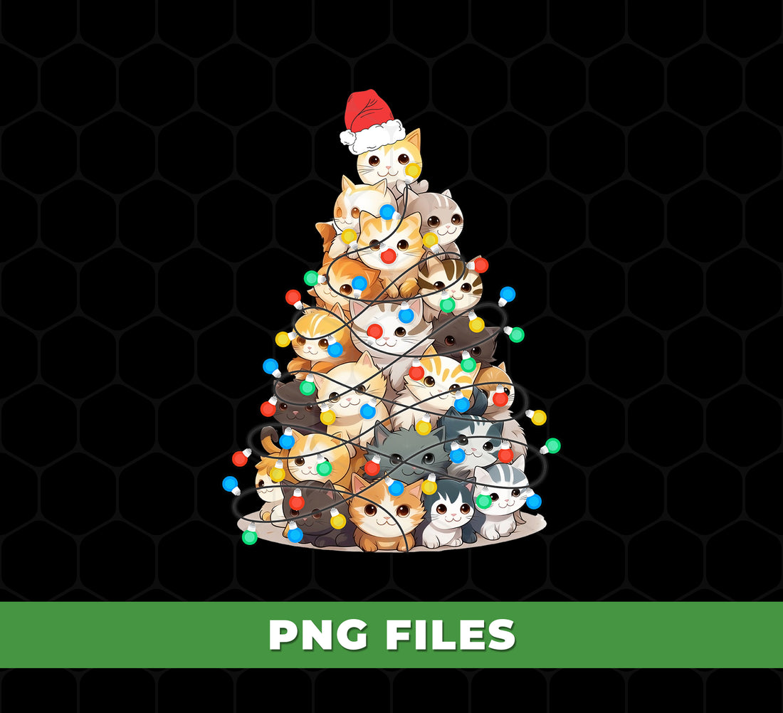 Cute Cat Christmas Tree PNG with Kittens Stacked in Tree Shape, Colorful Holiday Lights, Santa Hat, PNG For Shirts, PNG Sublimation