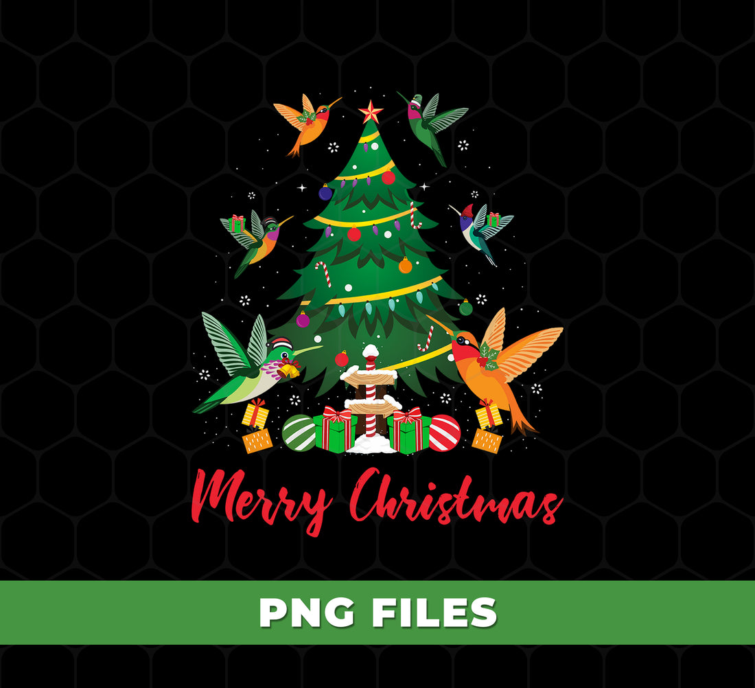 Cute Hummingbirds Decorating A Christmas Tree With Ornaments And Gifts, Festive Holiday Design, PNG For Shirts, PNG Sublimation
