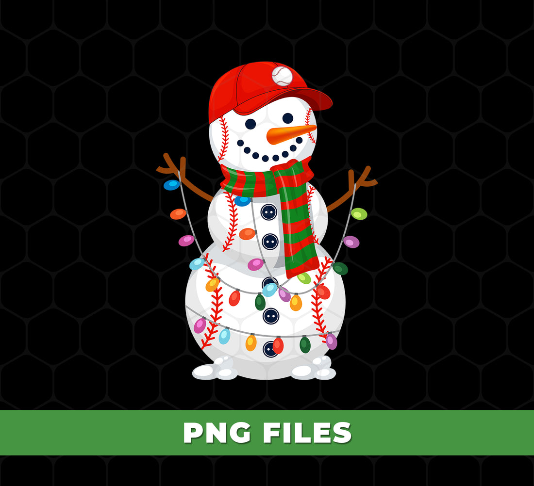 Baseball Snowman PNG, Christmas Sports Snowman Design, Xmas Baseball Shirt PNG, Holiday Lights Snowman Clipart, Red Cap Snowman PNG