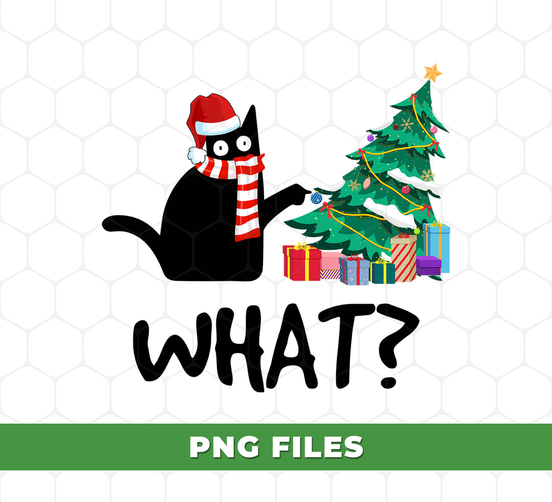 Funny Christmas Cat PNG, Black Cat Xmas Tree WHAT Meme, Cute Naughty Kitty Sublimation Design, Cat Lover Holiday Clipart, Christmas Humor PNG