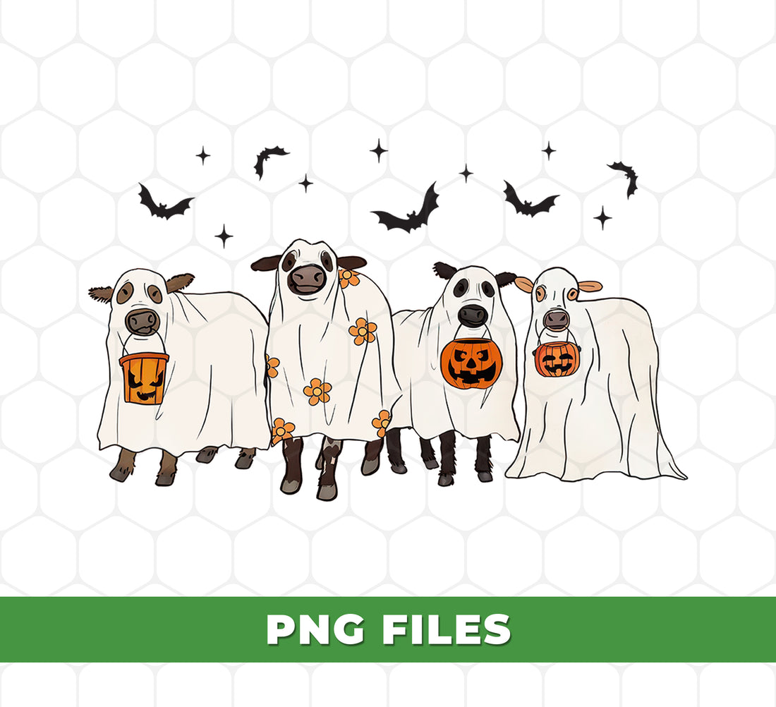 Cute Halloween Cow PNG, Cow Ghost Costume Clipart, Pumpkin Trick Or Treat, Spooky Farm Animal, Fall Sublimation Design