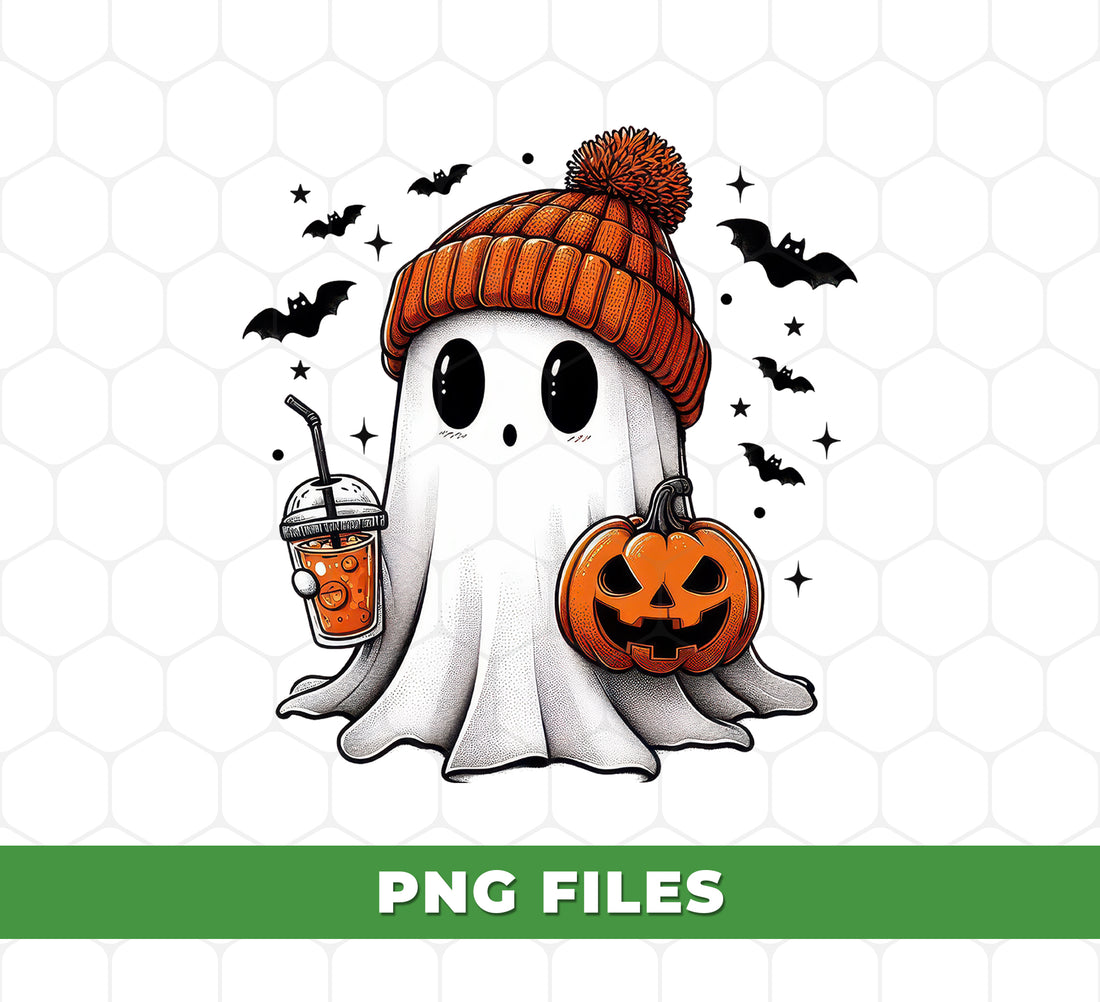 Cute Ghost Halloween PNG, Kawaii Spooky Ghost With Pumpkin And Drink, Autumn Beanie, Fall Halloween Clipart Sublimation