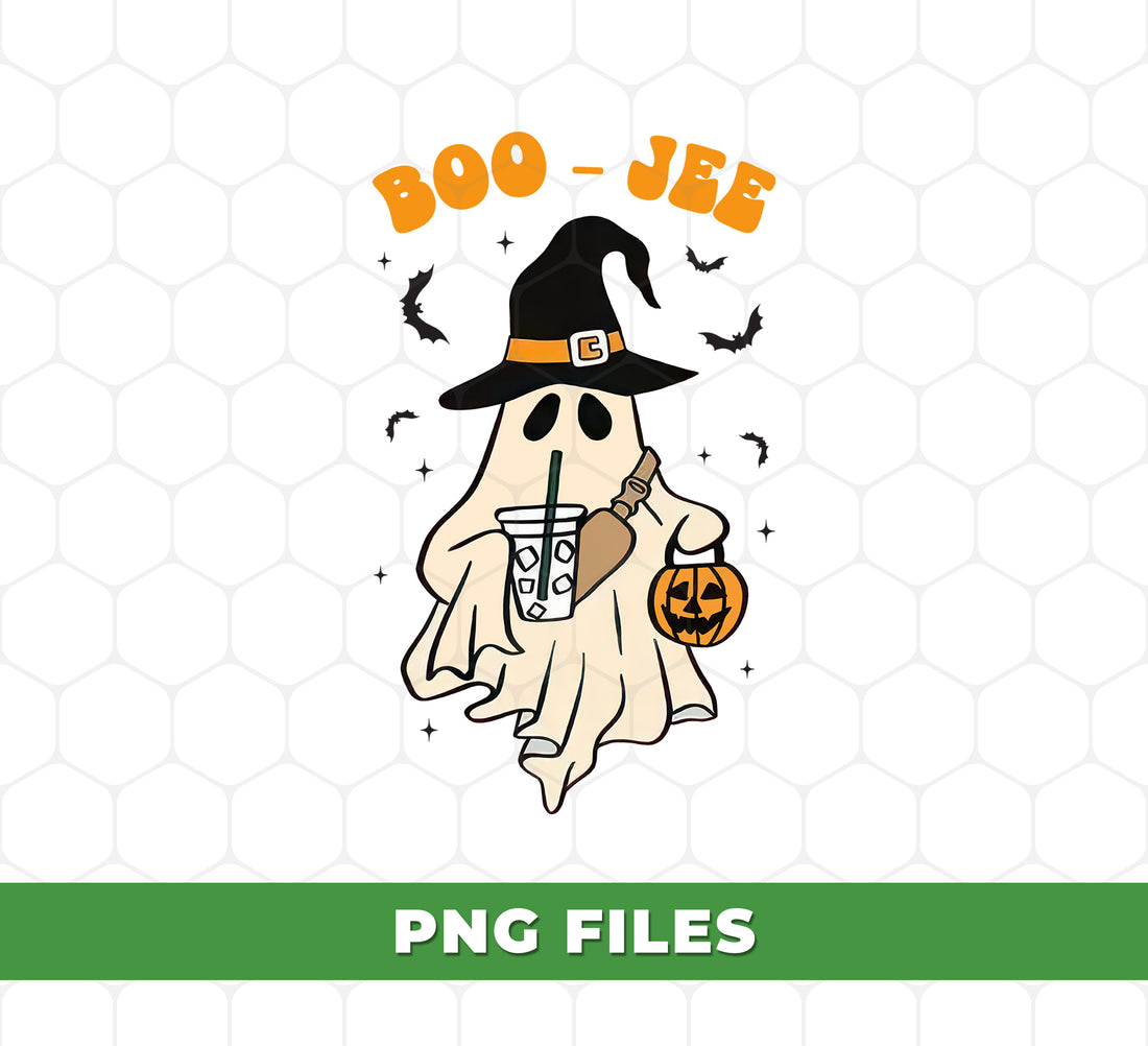 Boo Jee Ghost PNG, Halloween Witch Ghost With Coffee And Pumpkin, Cute Spooky Season Clipart For Sublimation