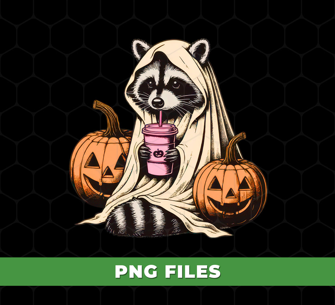 Cute Raccoon Ghost PNG, Halloween Raccoon With Pumpkin Clipart, Spooky Coffee Lover PNG, Fall Animal Costume PNG