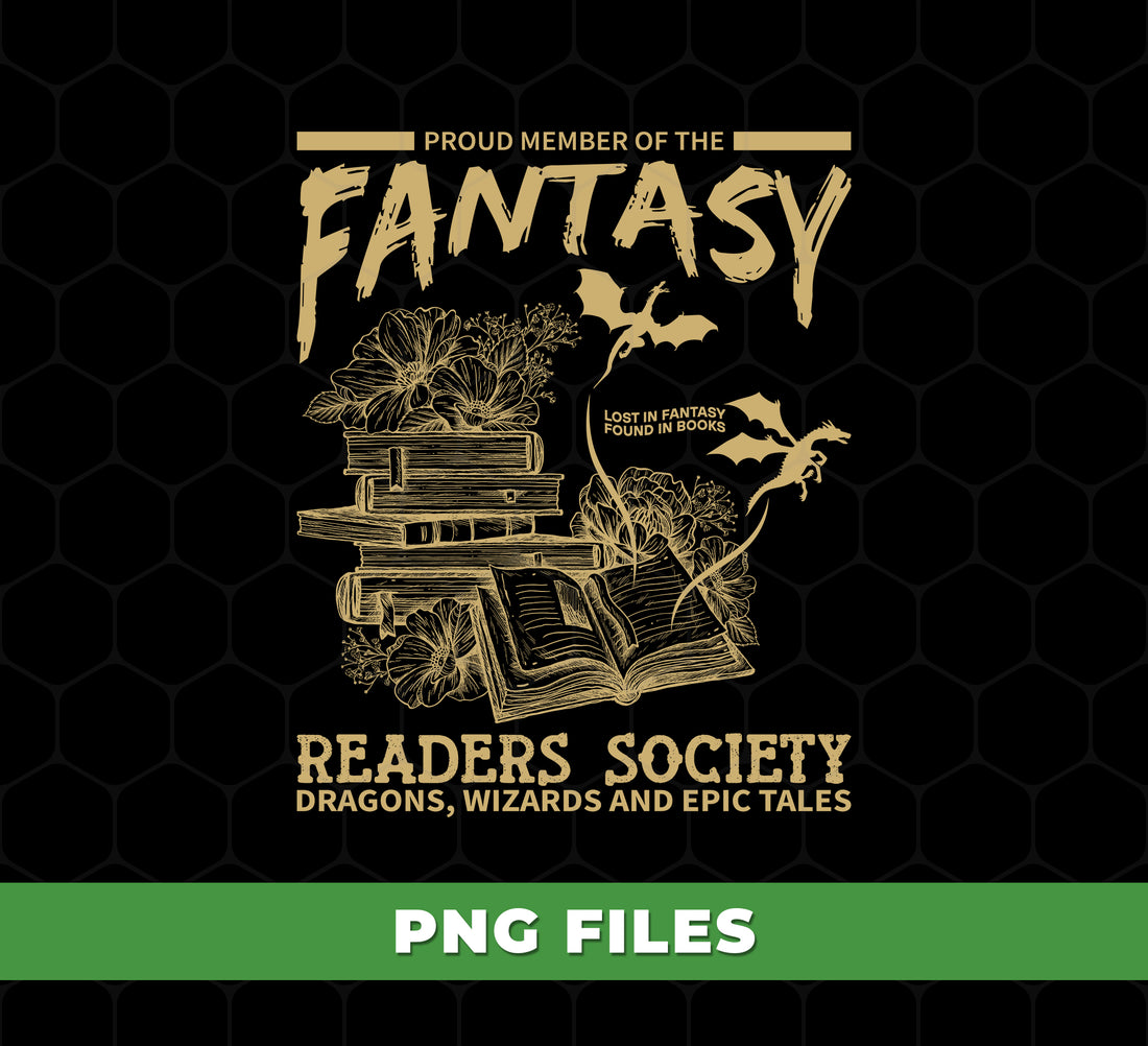 Fantasy Readers Society PNG, Book Lover Sublimation Design with Dragons and Wizards, Epic Reading Club Clipart, Magic Book Art