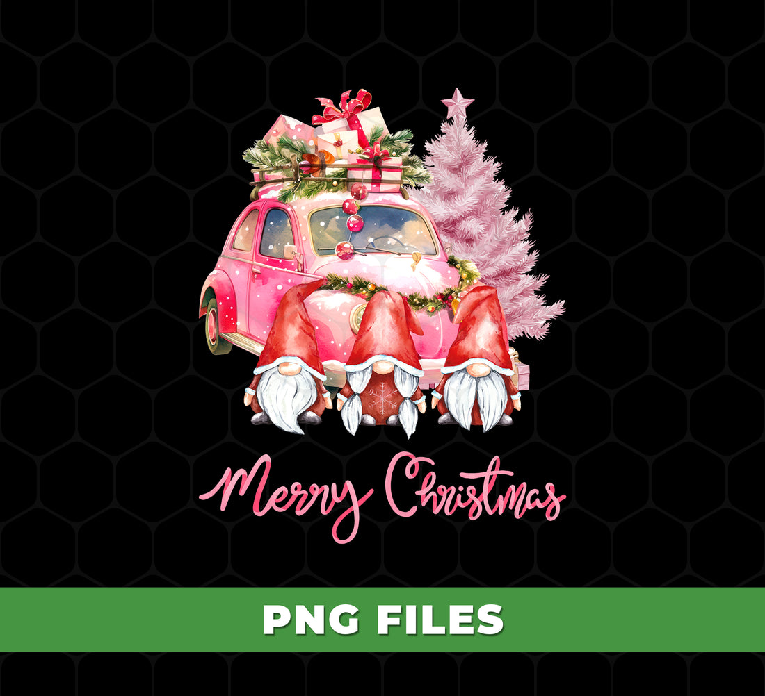 Pink Christmas Car PNG, Gnome Merry Christmas Sublimation Design, Xmas Tree and Gifts Clipart, Cute Holiday Winter, Merry Christmas
