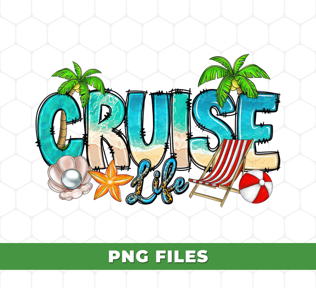 Cruise Life PNG, Beach Vacation Sublimation Design with Palm Trees and Chair, Summer Ocean Travel Clipart, Nautical Art, Summer Gift