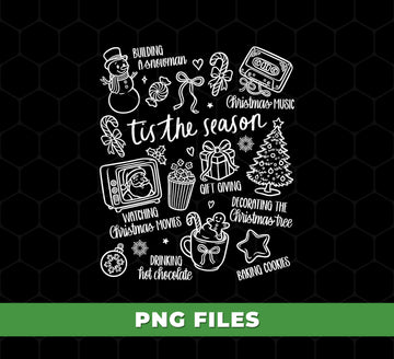 Christmas Doodle PNG, Tis The Season Sublimation, Holiday Clipart Bundle, Christmas Quotes PNG, Winter Hot Chocolate Cookie Tree