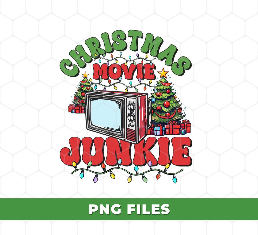 Christmas Movie Junkie, Retro TV Christmas Lights Sublimation, Holiday Movie Lover Clipart, Funny Xmas Watching Movies Digital Download