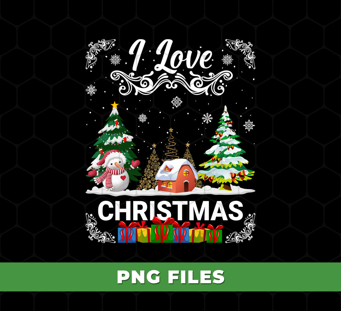 I Love Christmas PNG, Cute Snowman Christmas Tree Clipart, Winter Holiday Scene PNG, Xmas House Lights, Festive Gift Design