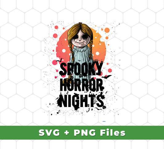 Bring a spooky vibe to your Halloween decor with this pack of SVG and PNG files featuring a spooky Halloween Nights doll. Perfect for all sublimation projects, it includes five Png files and five Svg files for crafting a truly unique Halloween experience.