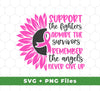 This set of sublimation files helps you show your support for those fighting cancer. Included are SVG and PNG files featuring the phrase "Support The Fighters Admire The Survivors Remember The Angels Never Give Up". Use these files to easily create your own custom support gear to help those fighting the battle.