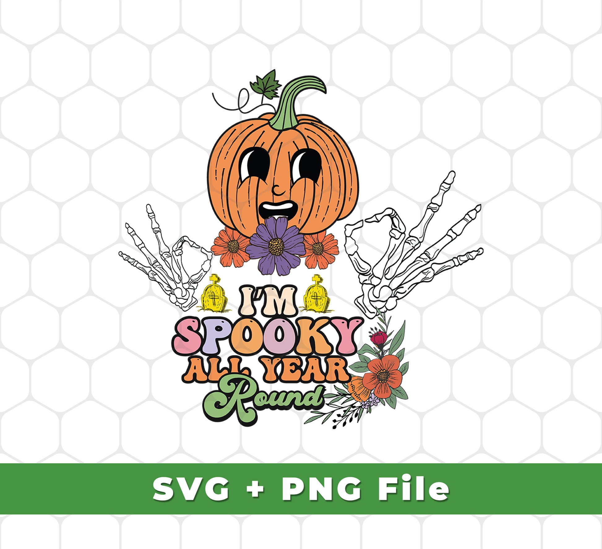 This bundle includes five SVG and PNG files that feature a humorous pumpkin character perfect for Halloween and year-round spooky fun. High-resolution images are ready for sublimation with crisp and vivid color. Make Halloween and seasonal projects extra special with this set!