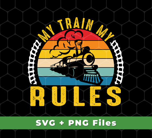 This train silhouette set is perfect for sublimation projects. It includes two SVG files and one PNG file, featuring My Train, My Rules and Retro Train, Retro Rules designs. Making custom creations has never been easier!