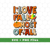 Celebrate the crisp colors and cozy feelings of fall with this I Love Fall Most Of All, Fall Season, Thanksgving Season, Svg Files, Png Sublimation design. This bundle of digital files includes an SVG, PNG, and EPS file types, so you can use it for sublimation, machine embroidery, and more. Bring joy to any handmade project with this fall-inspired design.