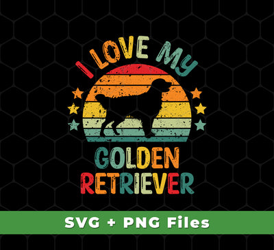 This collection includes a charming I Love My Golden Retriever design featuring a retro golden silhouette. It comes with high-quality SVG and PNG files ready for sublimation. Enjoy displaying this beautiful logo proudly on any product!