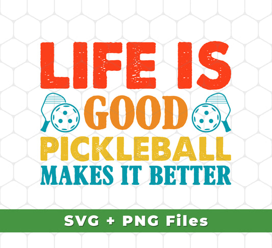 Combining two of life's greatest joys, this "Life is Good, Pickleball Makes it Better" design offers a nostalgic twist on the pickleball experience. Featuring a retro pickleball style, this design comes in both svg and png sublimation formats.