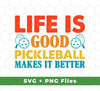 Combining two of life's greatest joys, this "Life is Good, Pickleball Makes it Better" design offers a nostalgic twist on the pickleball experience. Featuring a retro pickleball style, this design comes in both svg and png sublimation formats.