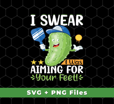 This digital file set includes a high-resolution SVG file and PNG files for sublimation, all featuring the design "I Swear I Was Aiming For Your Feet, Cucumber Lover". Perfect for cutting shirts, mugs, bags, and more! Make your next project stand out with this high-quality file set.