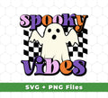 Make some spooky vibes with Ghost Groovy and Ghoul Funny Halloween SVG Files and PNG Sublimation! Create decorations and apparel with this spooky set of files and switch up your Halloween festivities.