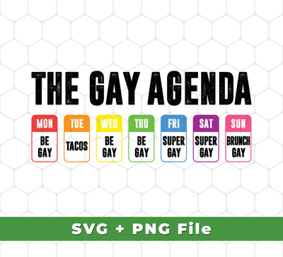 This digital design set features 6 files for your creative projects and includes The Gay Agenda, Gay All Week, Super Gay, and Brunch Gay. The files are in .svg and .png format, perfect for sublimation projects. Unleash your creativity and get ready to dazzle!