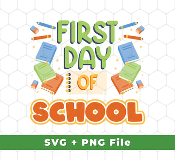 Welcome back to school with this set of 5 high-quality digital files in both SVG and PNG format. Get ready to start the school year off right with this school-themed set, complete with the words 'First Day Of School', 'Love My School', and 'Back To School'. Perfect for any project.