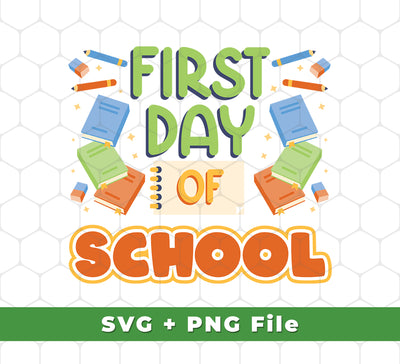 Welcome back to school with this set of 5 high-quality digital files in both SVG and PNG format. Get ready to start the school year off right with this school-themed set, complete with the words 'First Day Of School', 'Love My School', and 'Back To School'. Perfect for any project.