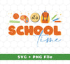 This set of files for back to school includes It's School Time, Groovy School Time, Back To School, SVG files, and PNG sublimation - all you need to get ready for the school year! With this product, you'll have a comprehensive digital graphics suite for any project.