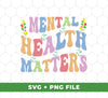 This mental health-themed digital bundle comes with two SVG files and two PNG files featuring groovy mental health-themed designs. Perfect for sublimation printing, they can be used to create inspiring, mental health-positive products.