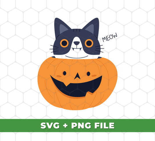 Unleash your creativity with this innovative collection of Cat In Pumpkin SVG/PNG files. Featuring Cute Meow, Funny Cat and Halloween Pumpkin designs, it's the perfect tool for crafting unique gifts, apparel and decor for all occasions. Download today and start making something special!