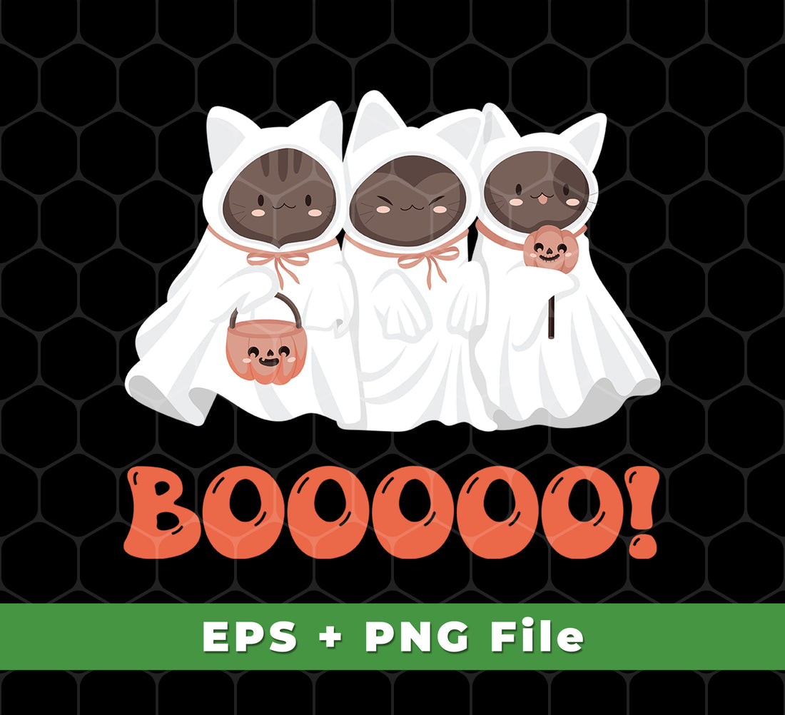 This Boo Cat digital download set contains 6 art files in both SVG and PNG formats to craft creepy cute Halloween-themed designs. With Boo Cat, Cute Boo, Cute Cat, Happy Cat, and Happy Halloween designs, you can make stylish decorations, apparel, and accessories.