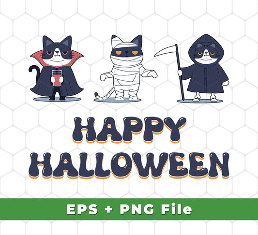 Download these five digital images to create spooky Halloween decorations. Each file contains a unique cat design, including "Happy Halloween," "Spooky Cat," and "Cat In The Hells," in SVG and PNG formats. Perfect for sublimation printing projects.