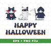 Download these five digital images to create spooky Halloween decorations. Each file contains a unique cat design, including "Happy Halloween," "Spooky Cat," and "Cat In The Hells," in SVG and PNG formats. Perfect for sublimation printing projects.